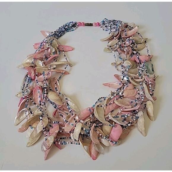 Vintage Layered Seashells and Seed Bead Collar Statement Necklace 25" Mermaid - Picture 3 of 8